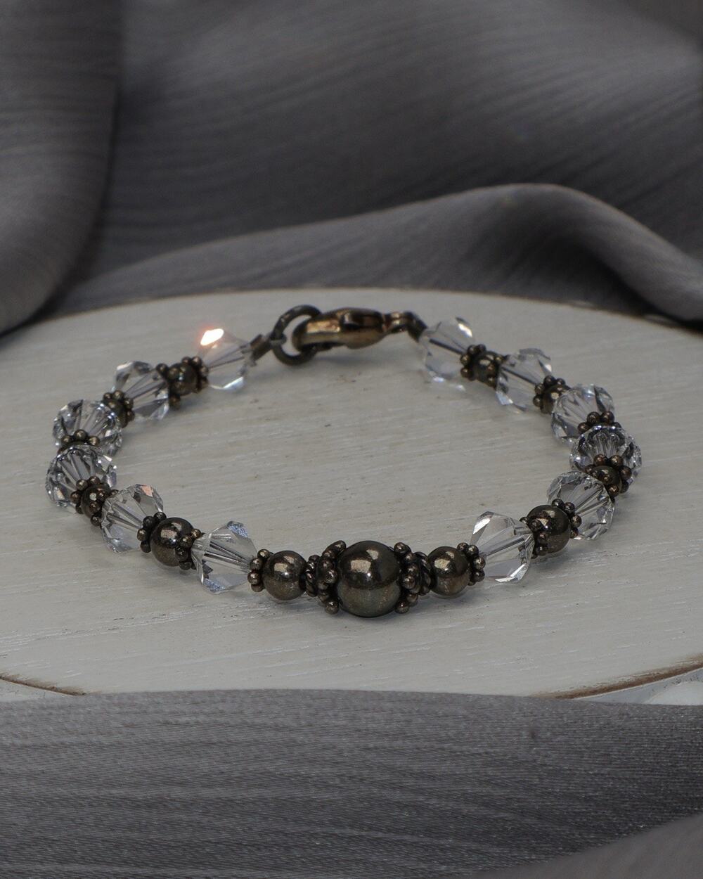 Vintage Sterling Silver Crystal Beaded Bracelet 6.8G / 6.2in